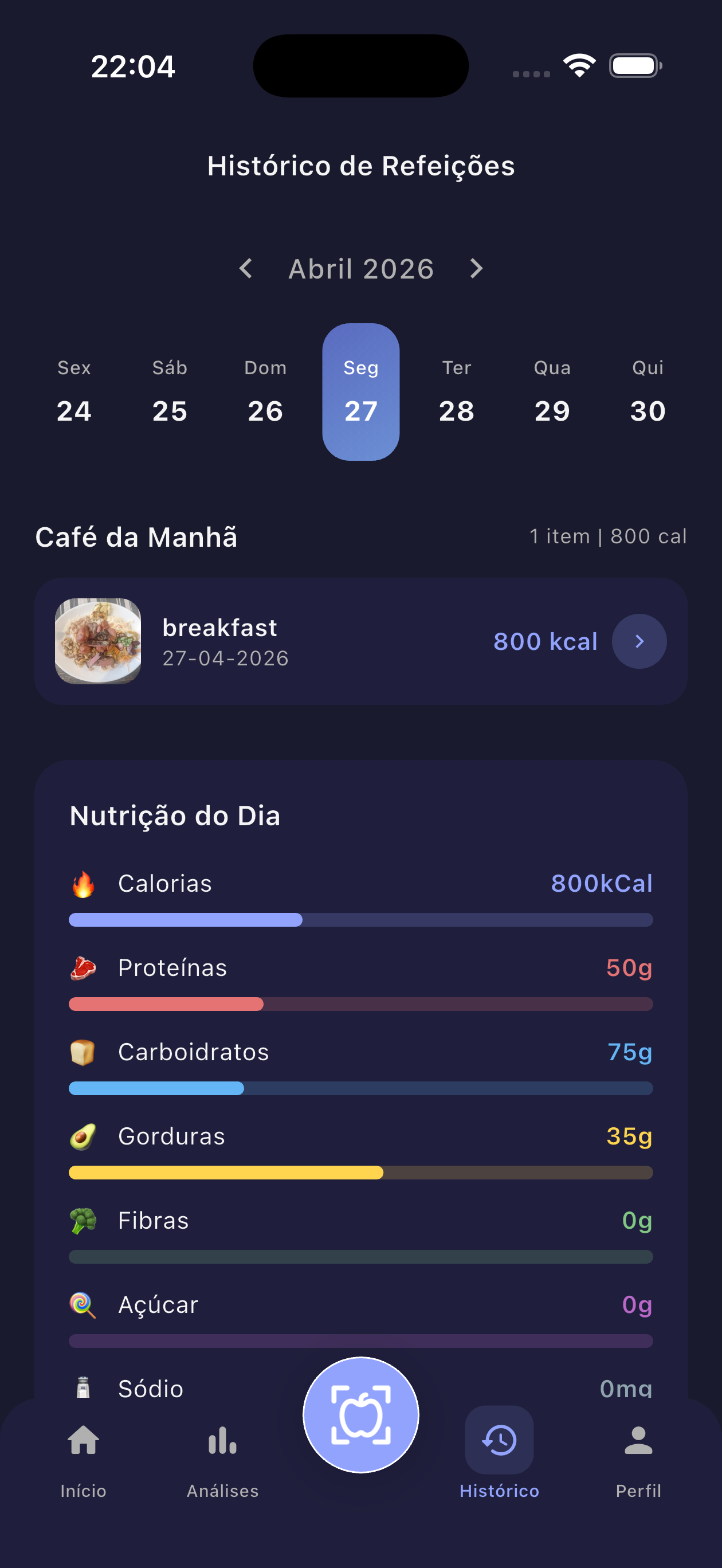 Resumo nutricional do app